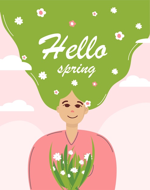 Hello spring spring girl with long green hair holds flowers in her hands postcard and banner