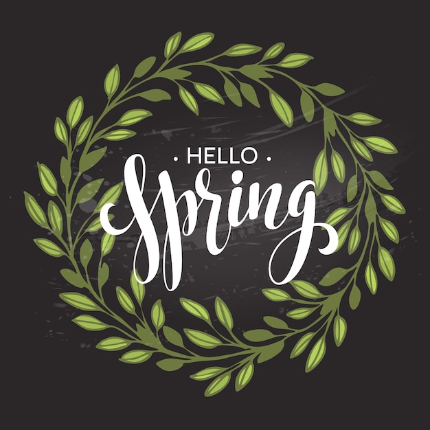 Hello spring. spring wreath. spring flowers are drawn with chalk on black chalkboard. sketch, design elements.  illustration