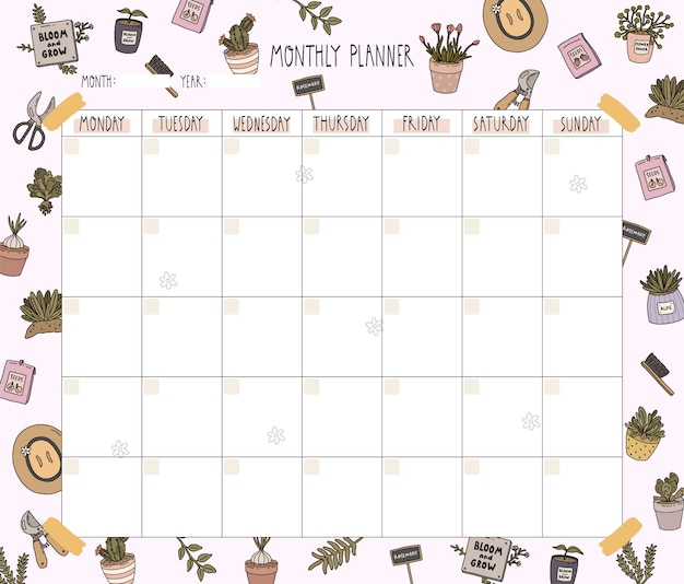 Vector hello spring and summer monthly planner template with cute gardening tools and flowers in flat outline style.