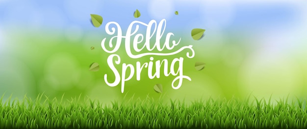 Hello spring text banner with grass and bokeh