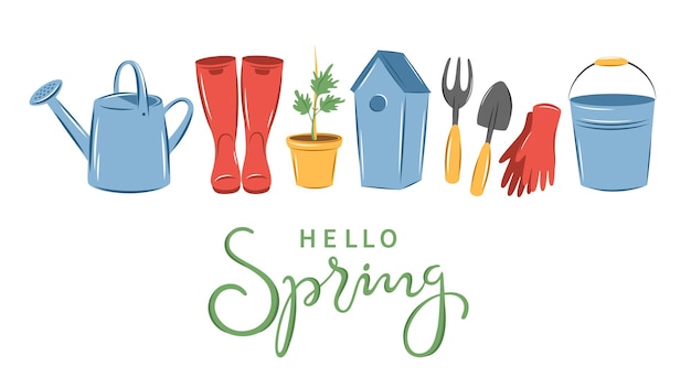 Hello spring text garden element set agricultural tools