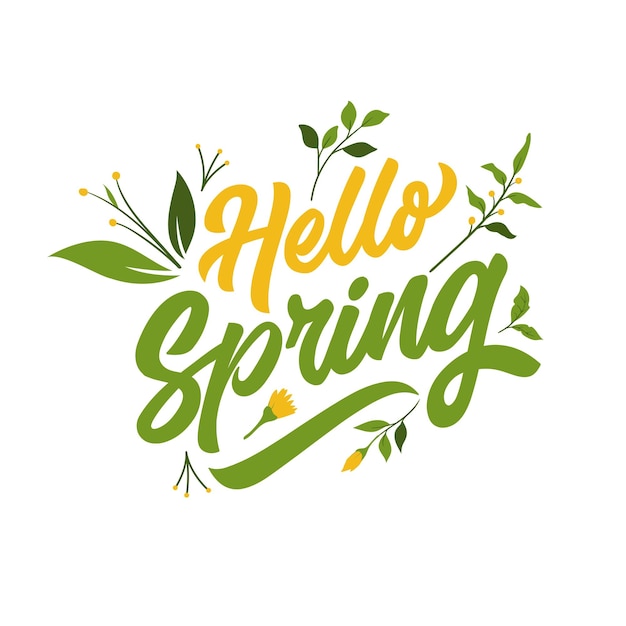 Hello Spring Text Typography 디자인 템플릿 with Floral Elements