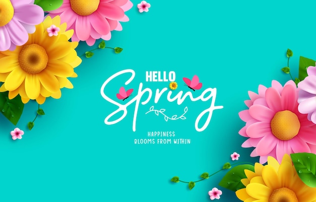 Hello spring text vector background design. Spring greeting typography with fresh bloom flowers