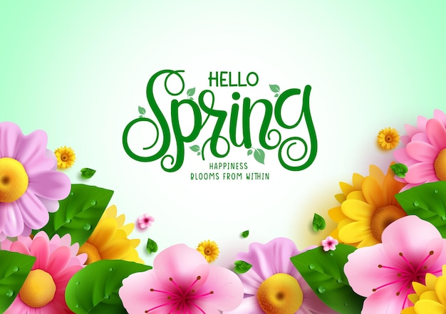 Hello spring text vector background design. Spring hello greeting typography with blooming fresh