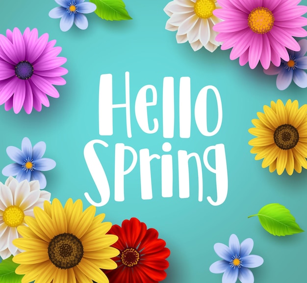 Hello spring text vector banner greetings design with colorful flower elements.