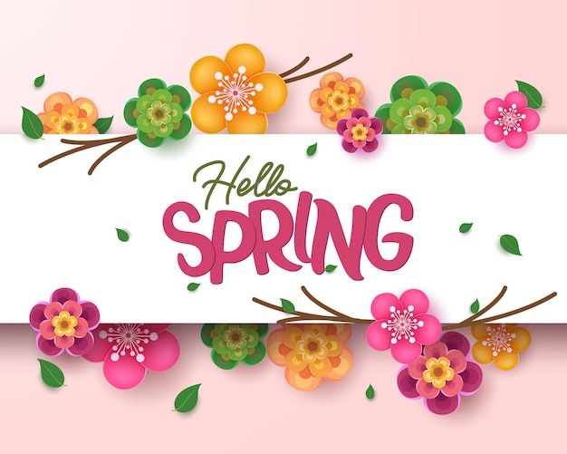 Vector hello spring text vector template design. spring hello greeting typography in frame white space.