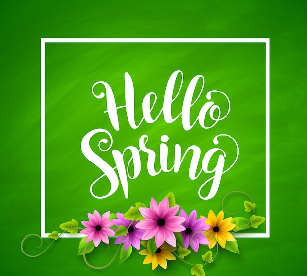 Hello spring vector banner design in green textured background with realistic colorful flowers.