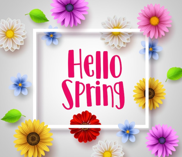 Hello spring vector banner design with white boarder, greeting text and colorful elements.