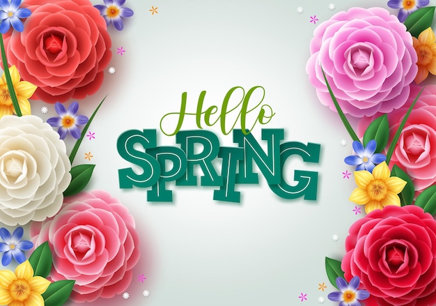 Vector hello spring vector concept design. spring greeting text with colorful camellia flowers and leaves elements.