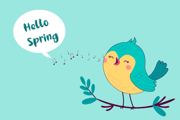Vector hello spring vector illustration the bird sits on the hill and sleeps the bird brings spring