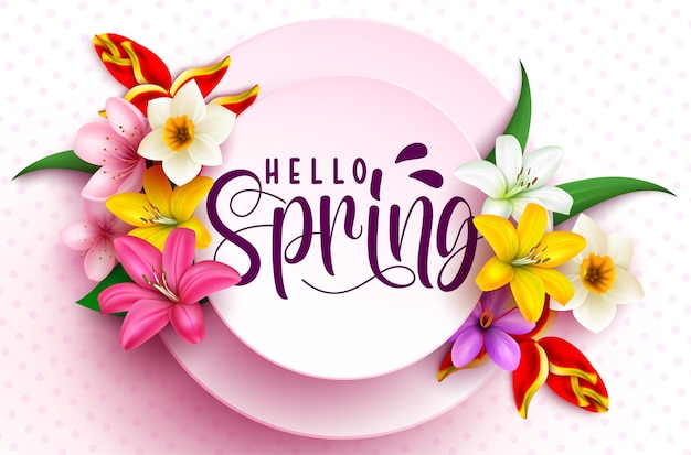 Hello spring векторный дизайн шаблона hello spring текст приветствия в розовом круге с цветами