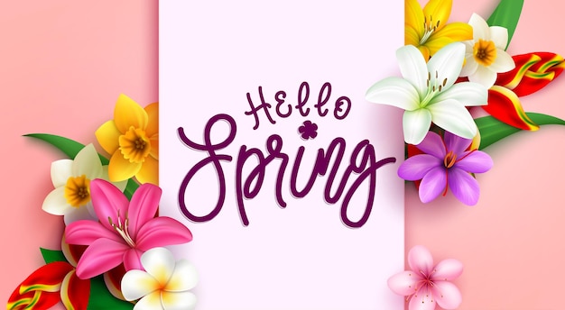 Hello spring vector template design Hello spring typography text in pink space with colorful flower