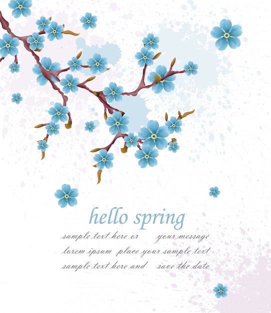 Hello spring vintage background with blue flowers