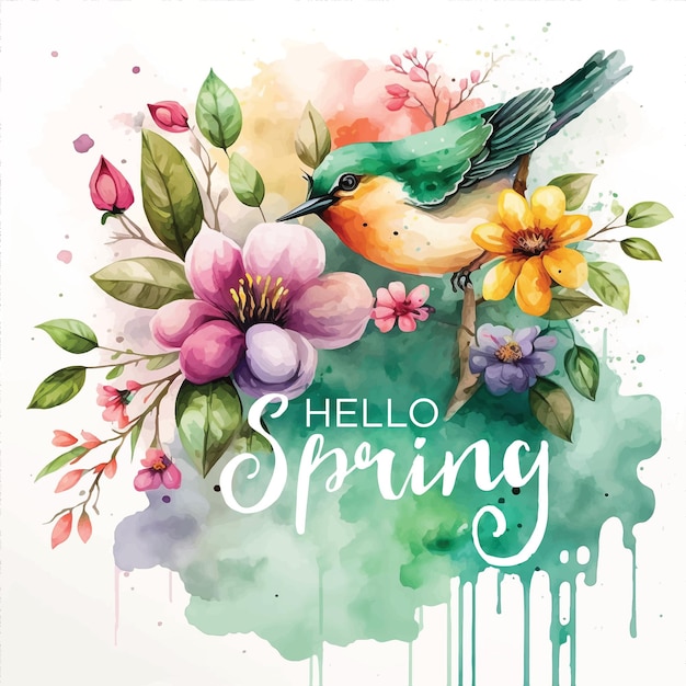 Hello Spring watercolor paint ilustration