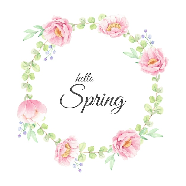 Hello spring watercolor pink peony flower wreath frame