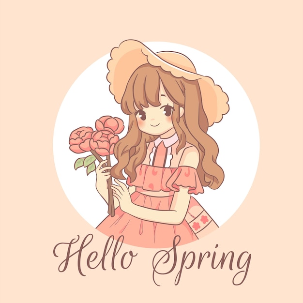 Hello spring with beautiful girl hold flower bouquet kawaii character