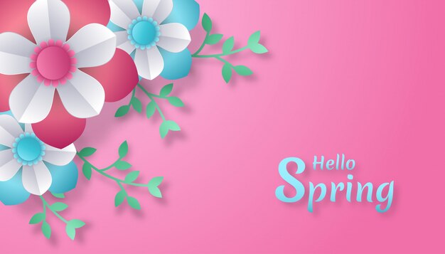 Hello Spring with flowers and leaves paper cut art style.