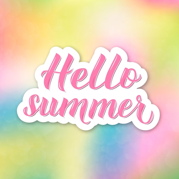 안녕하세요 여름 다채로운 흐린 배경에 3d 글자 영감 계절 인용 타이포그래피 포스터 손으로 쓴 로고 디자인 배너 전단지 스티커 등을 위한 벡터 템플릿을 쉽게 편집할 수 있습니다.