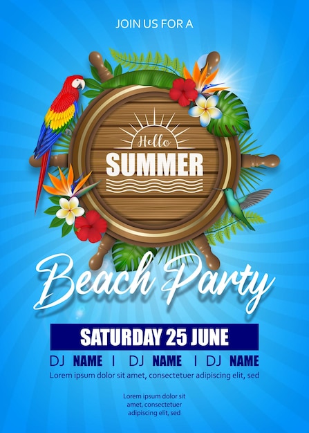 Hello summer background beach party poster with wooden ship wheel and tropical leaves