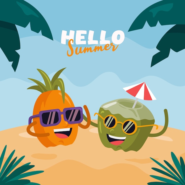 Hello summer background, cartoon of pineapple and coconut with happy faces