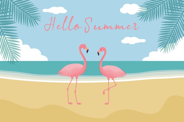 Hello summer background Pink flamingos panorama of sea and beach palm trees