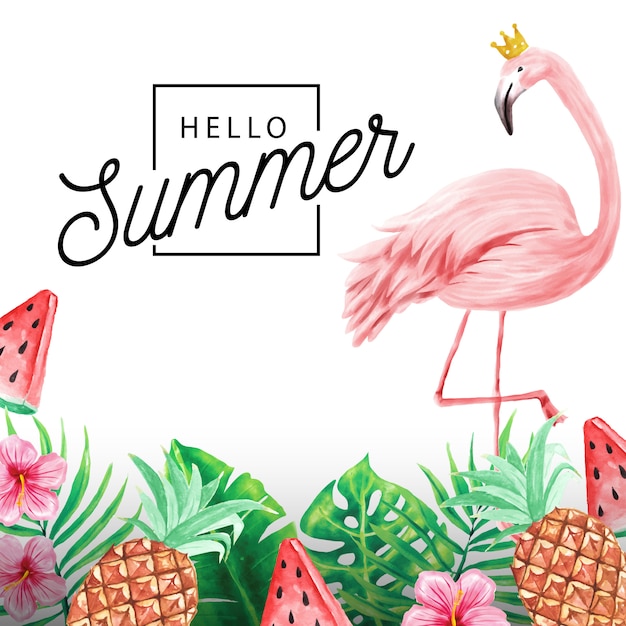 hello summer background of tropical plants and flamingos