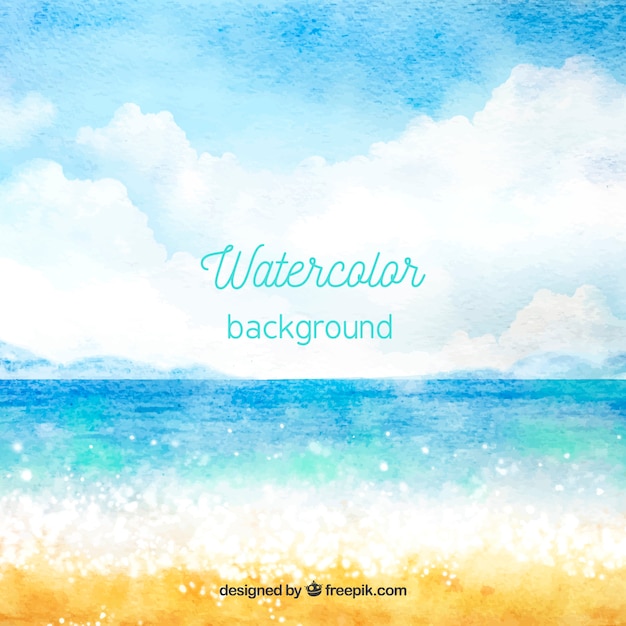 Vector hello summer background with beach in watercolor style