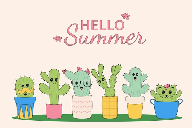 Hello summer background with cute kawaii cacti