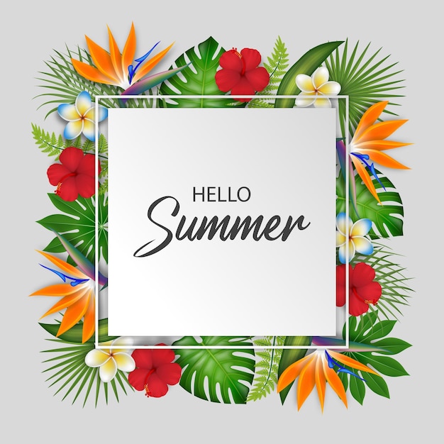 Vector hello summer background with exotic leaves and coloful flowers vector