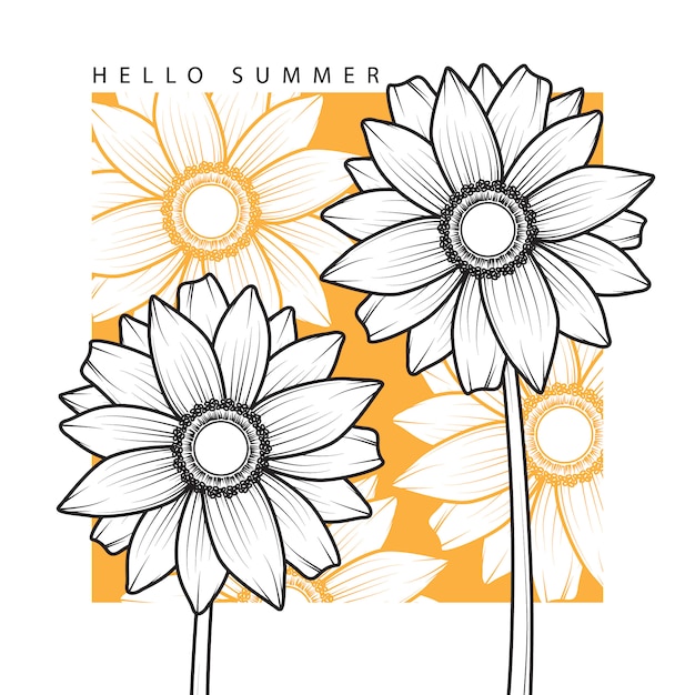 Hello summer background with hand draw sun flower