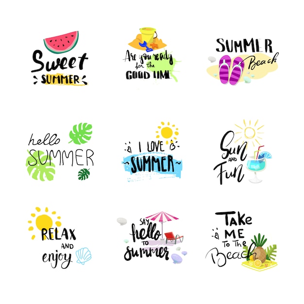 Vector hello summer badge set isolated typographic design label, season holidays lettering for logo,templates, invitation, greeting card, prints and posters.