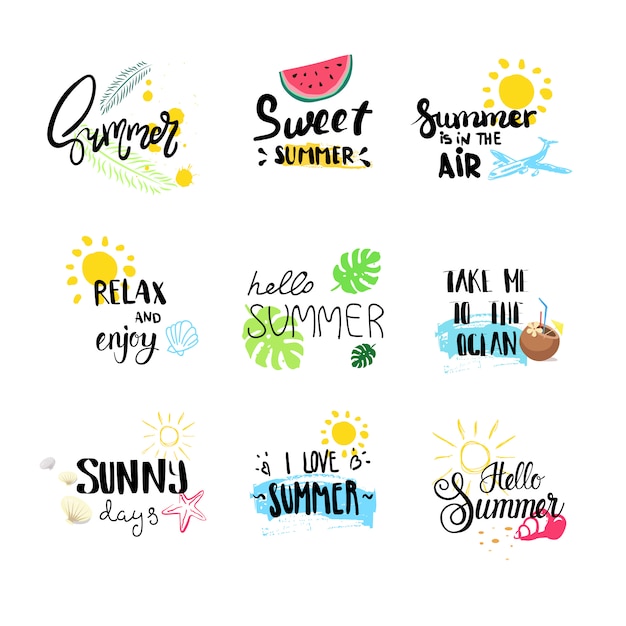 hello summer badge set isolated typographic design label, season holidays lettering for logo,templates, invitation, greeting card, prints and posters.