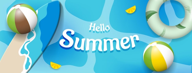 hello summer banner background with 3d beach element on water background