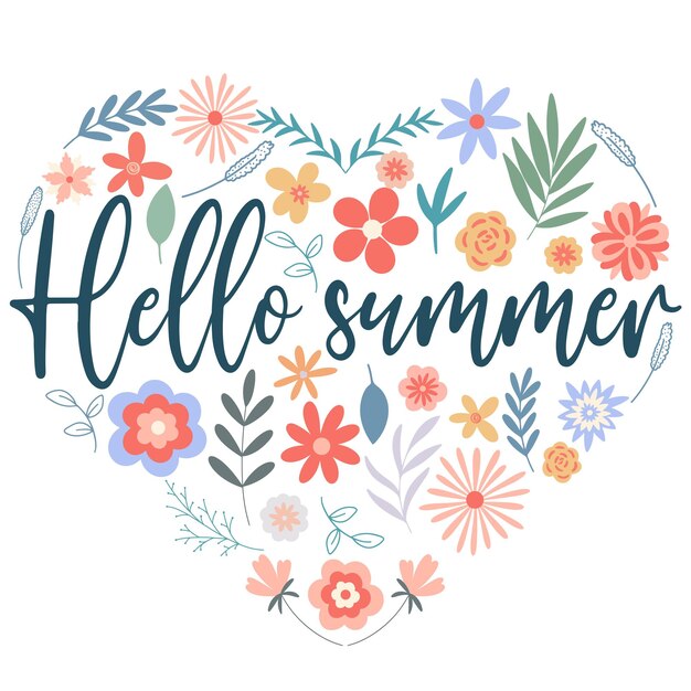 Hello summer banner cuore floreale con un'iscrizione fiori erbe e carta fogliame design carino