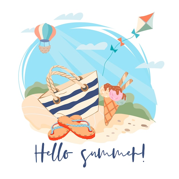 Vector hello summer banner or poster template with beach accessories and ice cream on seashore sand summer traveling or party poster layout flat vector illustration isolated on white background