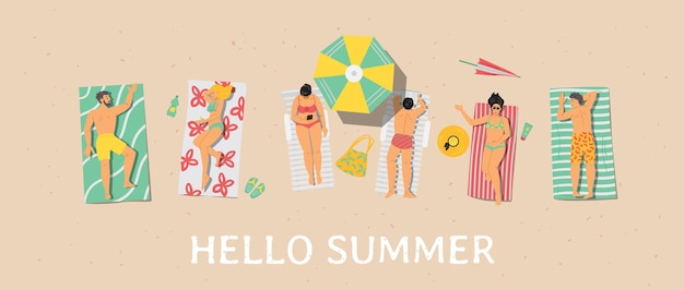 Hello summer banner or poster with people on beach flat vector illustration