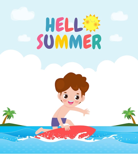 Hello summer banner template cute surfer kid character with surfboard and riding on ocean wave