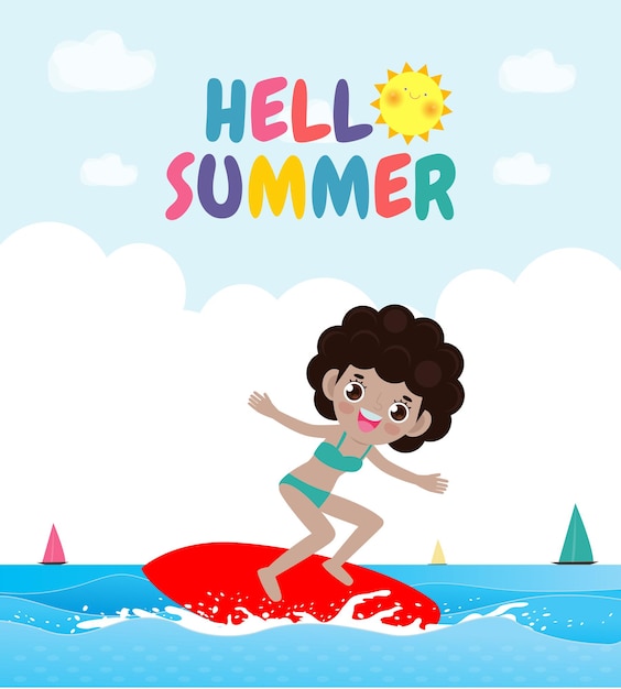 Hello summer banner template cute surfer kid character with surfboard and riding on ocean wave