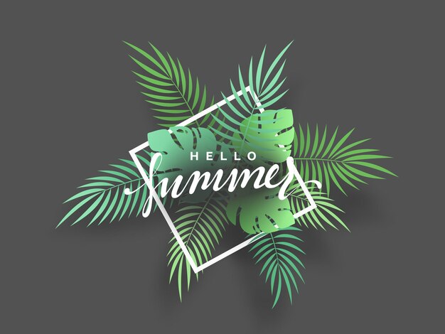 Vector hello summer banner tropical background. summer season, design poster with leaves