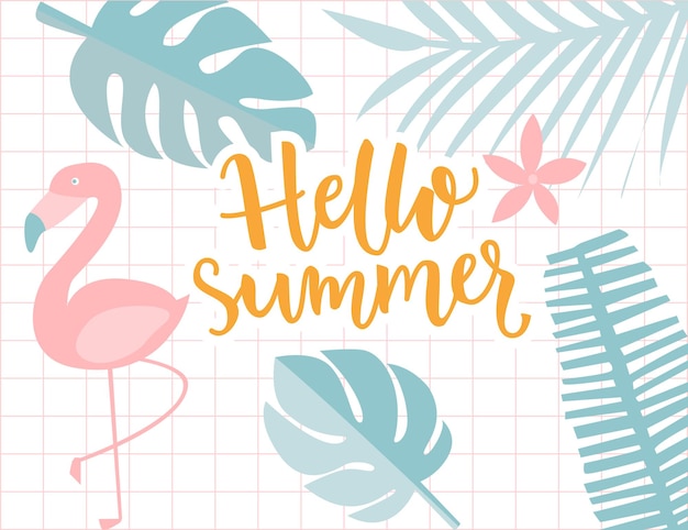 Vector hello summer banner tropical frame with palm foliage and flamingo calligraphy text pastel green and yellow colors