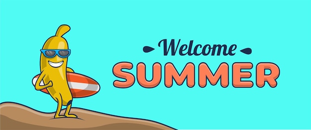 Hello summer banner with banana cartoon character going to surf