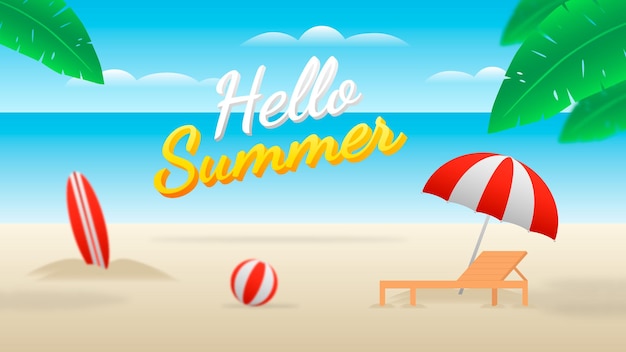 Hello summer banner with beach, beach chair, balloon, surfing board and umbrella.