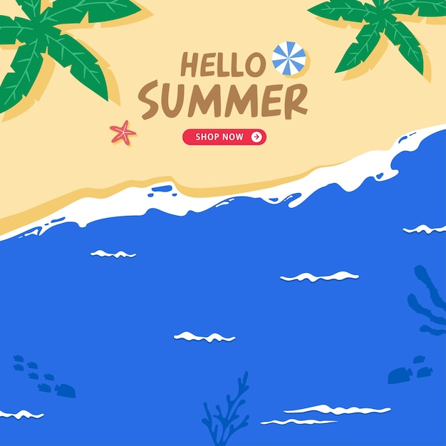 Vector a hello summer banner with a beach scene and a wave.