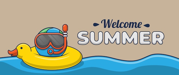 Hello summer banner with cartoon earth character swimming on the beach