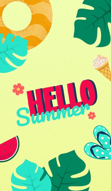 Vector hello summer banner with leaves and watemelon