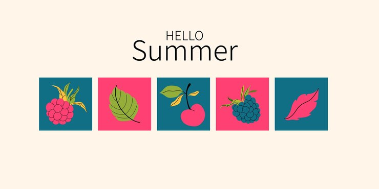 Vector hello summer banner with modern fruit icon set cherry raspberry and green leaves in trendy colors