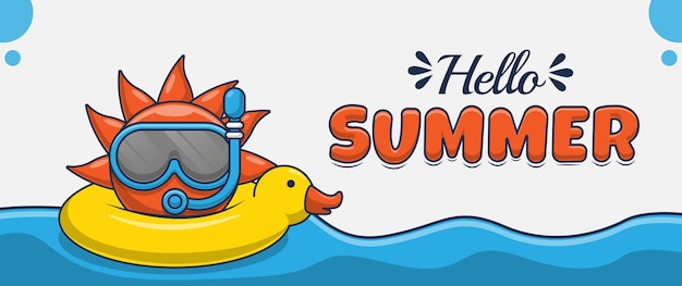 Hello summer banner with sun cartoon character swimming on the beach