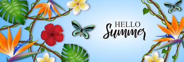 Вектор Привет летний баннер с листьями тропических цветов и бабочками
