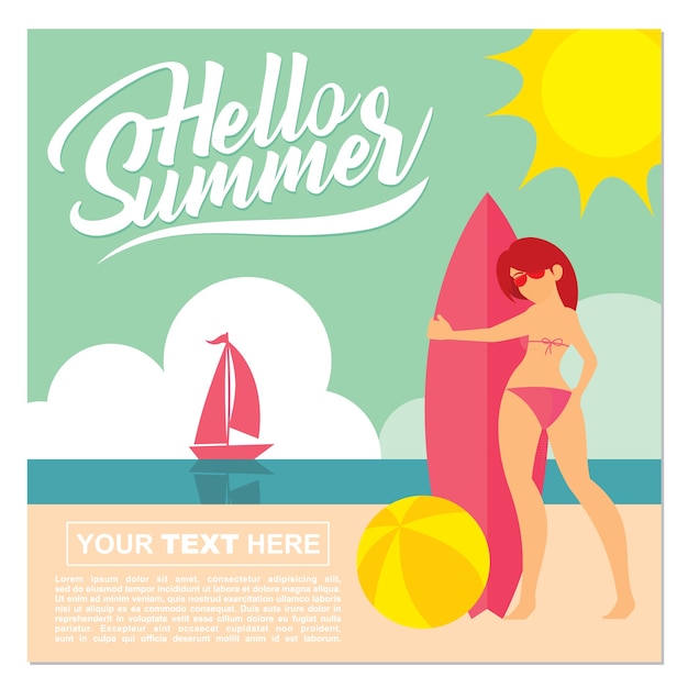 Vector hello summer beach girl theme background