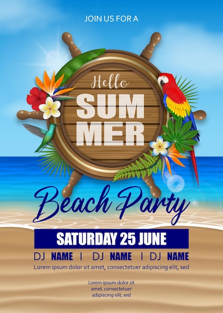 Vector hello summer beach party poster with tropical flowers and birds on beach background